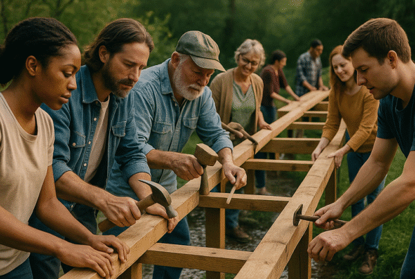 Diverse group of people building a wooden bridge together in a forest using hand tools.