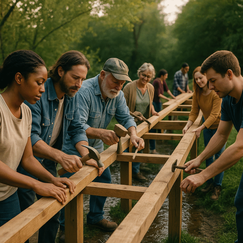 Diverse group of people building a wooden bridge together in a forest using hand tools.
