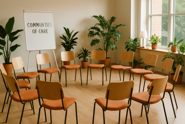 Circle of empty chairs in a sunlit room surrounded by plants, symbolizing shared space and mutual support.