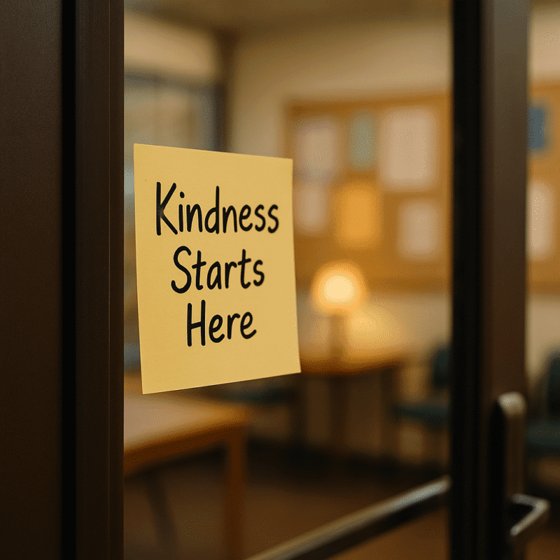 Photorealistic image of: A soft-lit community center door or window with a simple yellow sticky note on it that reads “Kindness Starts Here” in a warm handwritten script. The background is gently blurred, suggesting warmth and welcome inside (maybe bulletin boards or soft lamps in the distance), but the focus stays on the note—humble and powerful.