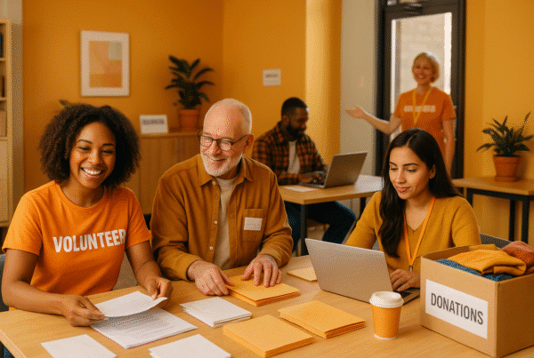 A small group of volunteers in a bright, friendly community center space — some working together at a table (sorting papers, building resource packets, organizing donations), one person smiling and greeting at the door, another on a laptop.