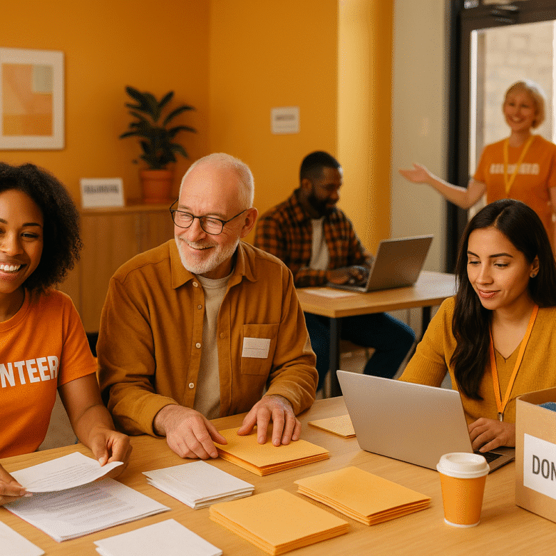 A small group of volunteers in a bright, friendly community center space — some working together at a table (sorting papers, building resource packets, organizing donations), one person smiling and greeting at the door, another on a laptop.