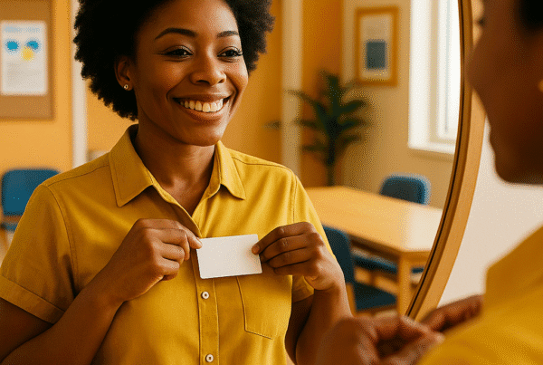 A volunteer dressing for a role (putting on a name tag, straightening a shirt, looking confident in a mirror), preparing to greet the day.