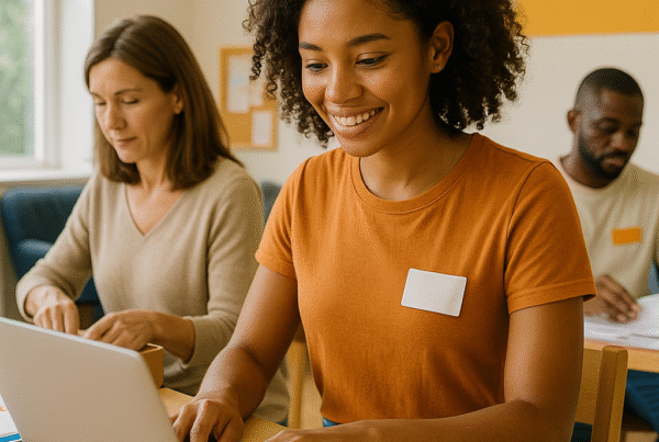 Volunteering at a front desk or a table, engaged in a task (typing on a laptop, sorting papers, prepping materials) with a small supportive team around.