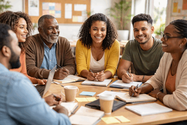 A diverse group of adults of color sit together at a table in a community center, smiling and collaborating with notebooks and a laptop.