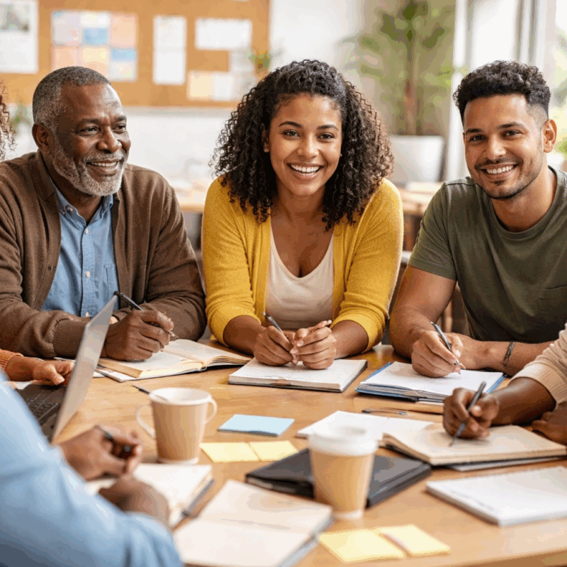 A diverse group of adults of color sit together at a table in a community center, smiling and collaborating with notebooks and a laptop.