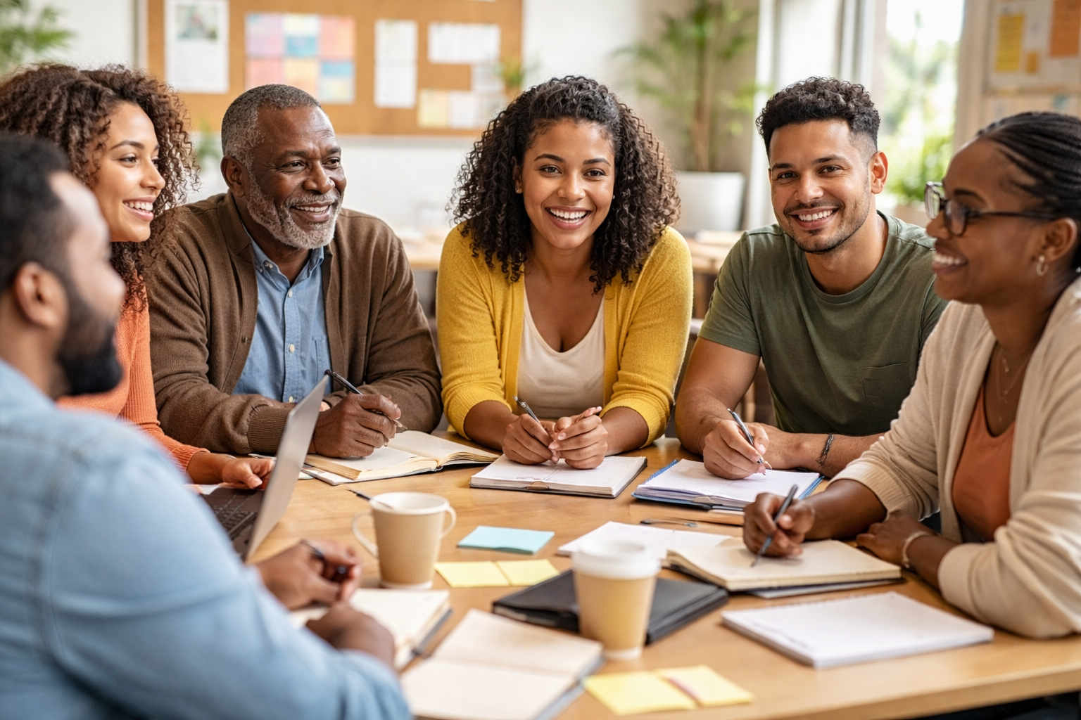 A diverse group of adults of color sit together at a table in a community center, smiling and collaborating with notebooks and a laptop.