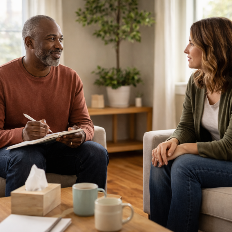 Peer support facilitator holding a notebook while listening attentively to a participant in a calm, trauma-informed recovery conversation.