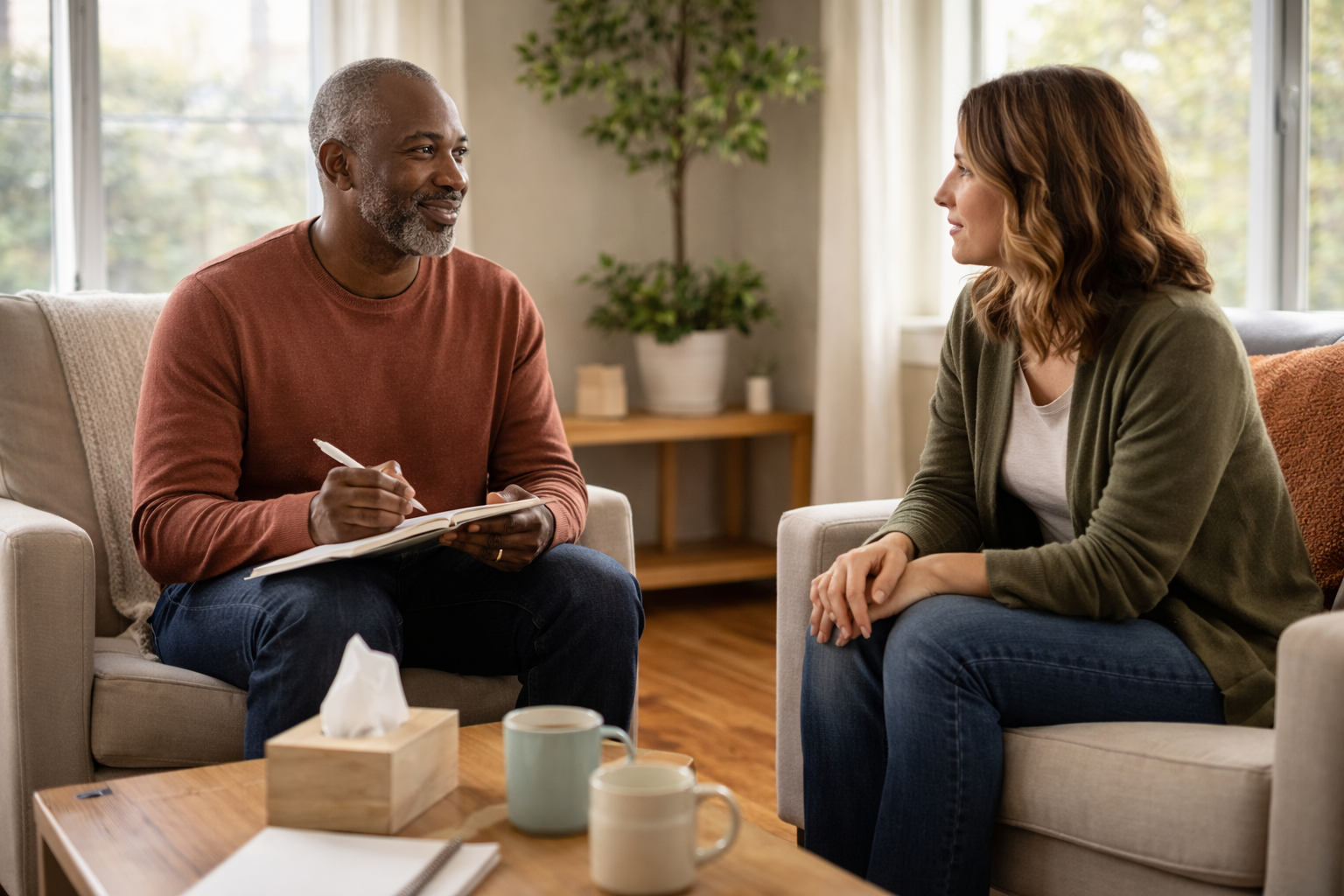 Peer support facilitator holding a notebook while listening attentively to a participant in a calm, trauma-informed recovery conversation.