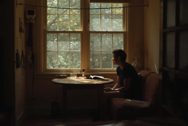Person sitting alone at a round wooden table near a sunlit window with an open book, looking outside in quiet reflection