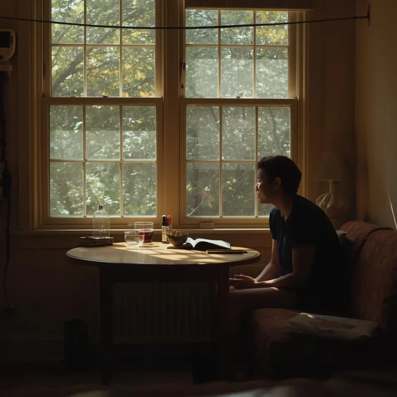 Person sitting alone at a round wooden table near a sunlit window with an open book, looking outside in quiet reflection
