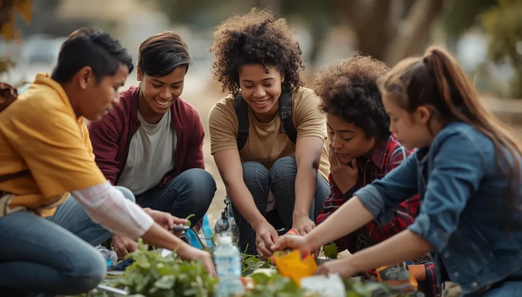 Diverse group of young people crouching together outdoors, smiling and working with plants in a community setting
