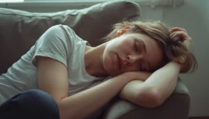 Young person with dishevelled hair resting with eyes closed on a grey couch, face relaxed against their arms