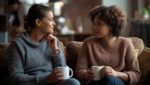 Two women of different ethnicities sitting on a couch holding mugs, facing each other in warm attentive conversation in an informal setting