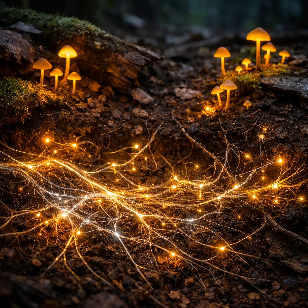 Glowing mycelium network beneath mushrooms on a forest floor, illustrating how hidden connections support life and resilience.