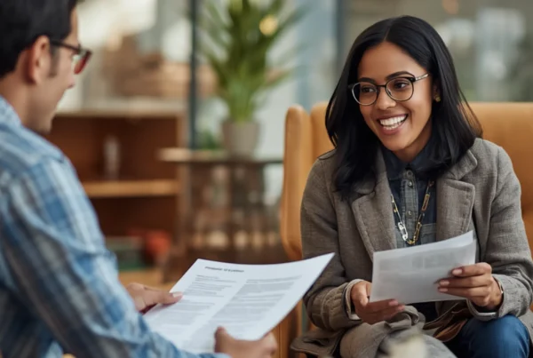 A person reviewing documents with a supportive employment counselor in a welcoming office setting.