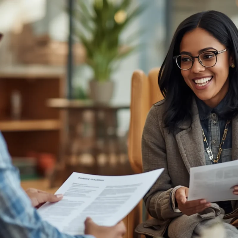A person reviewing documents with a supportive employment counselor in a welcoming office setting.