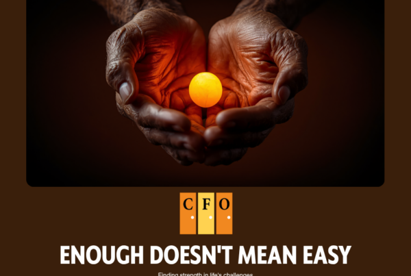 Weathered human hands holding a small warm light against a dark background, honest and grounded, not sentimental