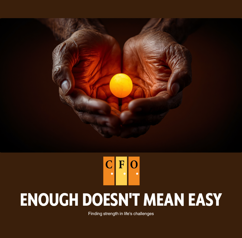 Weathered human hands holding a small warm light against a dark background, honest and grounded, not sentimental