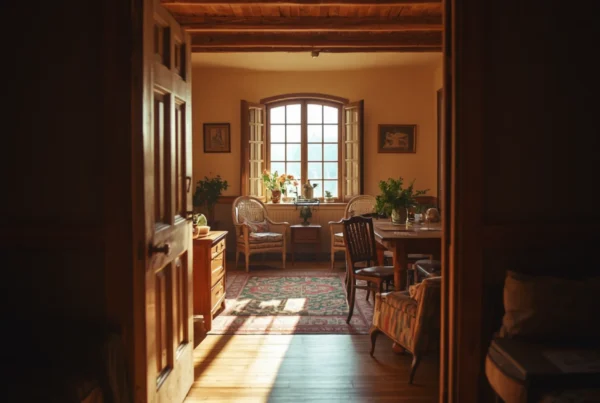 Warm light through an open doorway into a calm, welcoming community room.