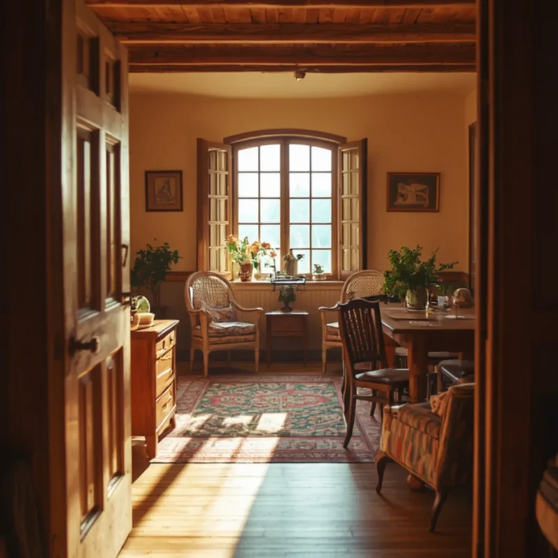 Warm light through an open doorway into a calm, welcoming community room.