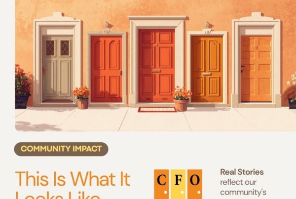 Three colorful doors in warm orange and red tones with the text "This Is What It Looks Like" and "Real Stories reflect our community's success" — a featured image for Centers for Opportunity's Community Impact blog.
