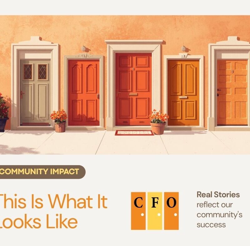 Three colorful doors in warm orange and red tones with the text "This Is What It Looks Like" and "Real Stories reflect our community's success" — a featured image for Centers for Opportunity's Community Impact blog.