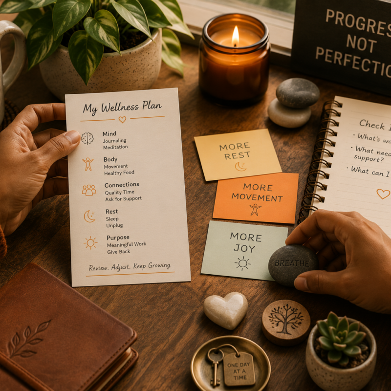 Hands rearranging small personal items, like adjusting a wellness plan over time.