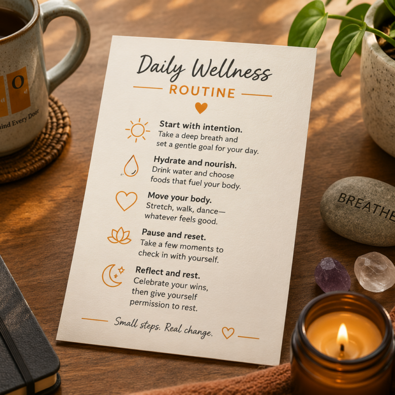 A short daily wellness routine written on a card beside a few small personal objects.